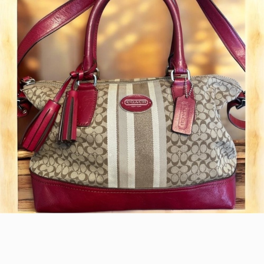 Coach Raspberry and Tan Signature Satchel